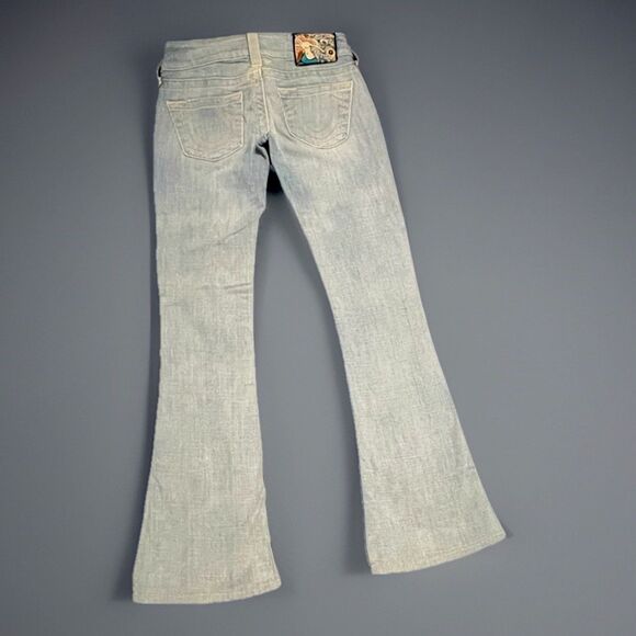 True Religion Caroline Jeans Women Sz 24 Rare Embroidered Patch LtWash Flare Y2K - Picture 3 of 14